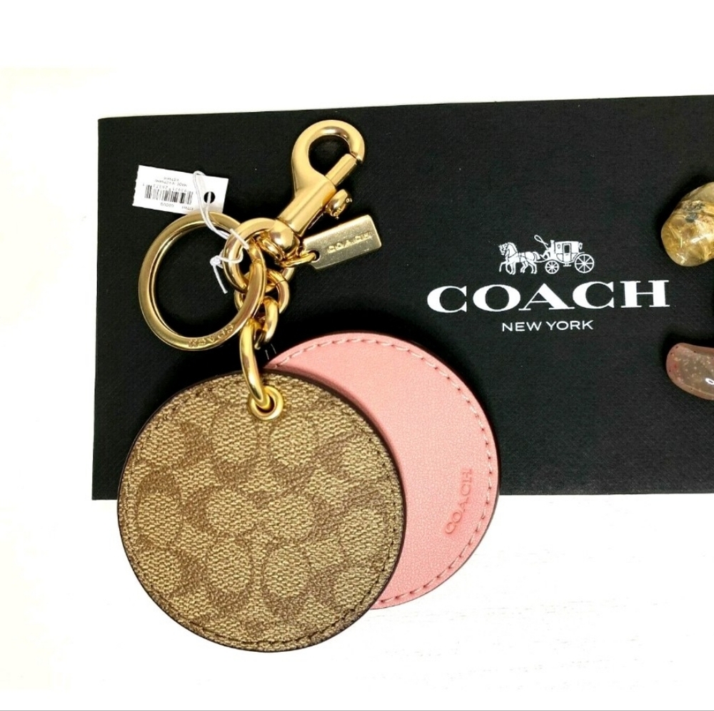 Nwt Coach Canvas Leather Mirror Bag Charm In Khaki/Pink! 🩷